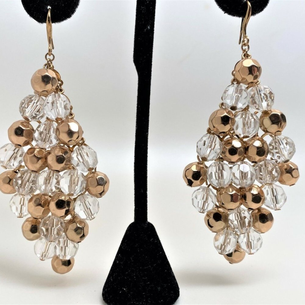 Gold Tone & Clear Beads Large Chandelier Earrings